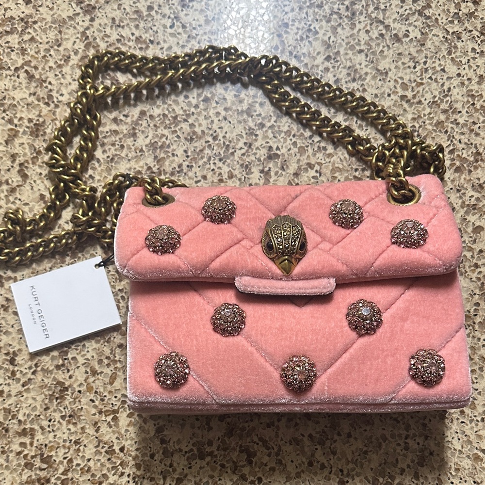 Kurt Geiger Pink Velvet Shoulder Bag with Gold Chain